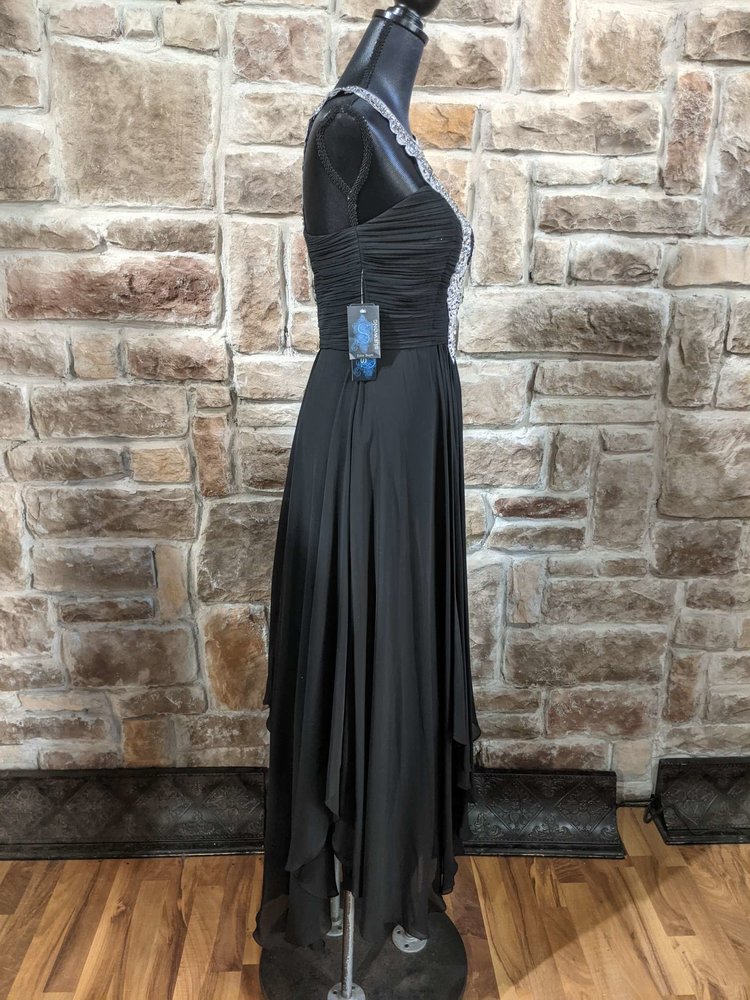 Sue Wong Black Gown with Silver Gray Halter Embellishments, Size 6