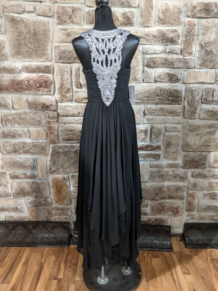 Sue Wong Black Gown with Silver Gray Halter Embellishments, Size 6
