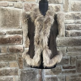 Brown Suede Vest with Rabbit Lining and Finn Raccoon Trim, Size S