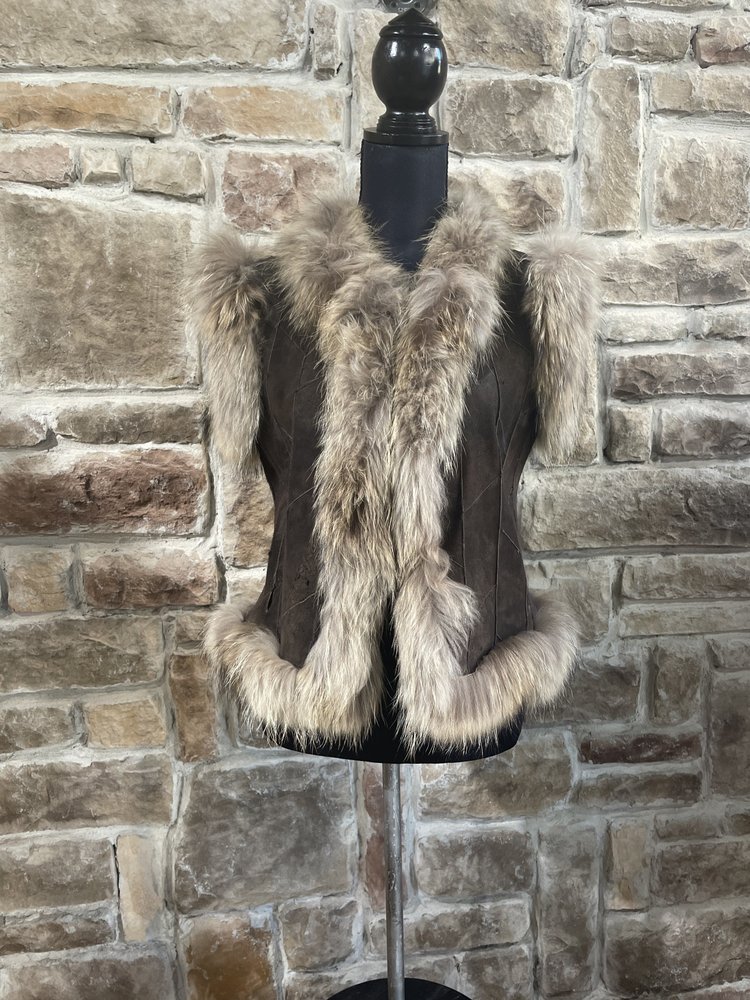 Brown Suede Vest with Rabbit Lining and Finn Raccoon Trim, Size S