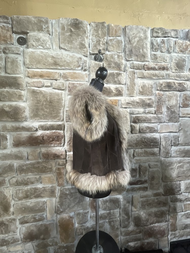 Brown Suede Vest with Rabbit Lining and Finn Raccoon Trim, Size S