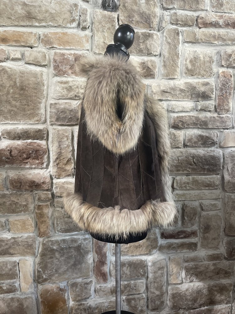 Brown Suede Vest with Rabbit Lining and Finn Raccoon Trim, Size S