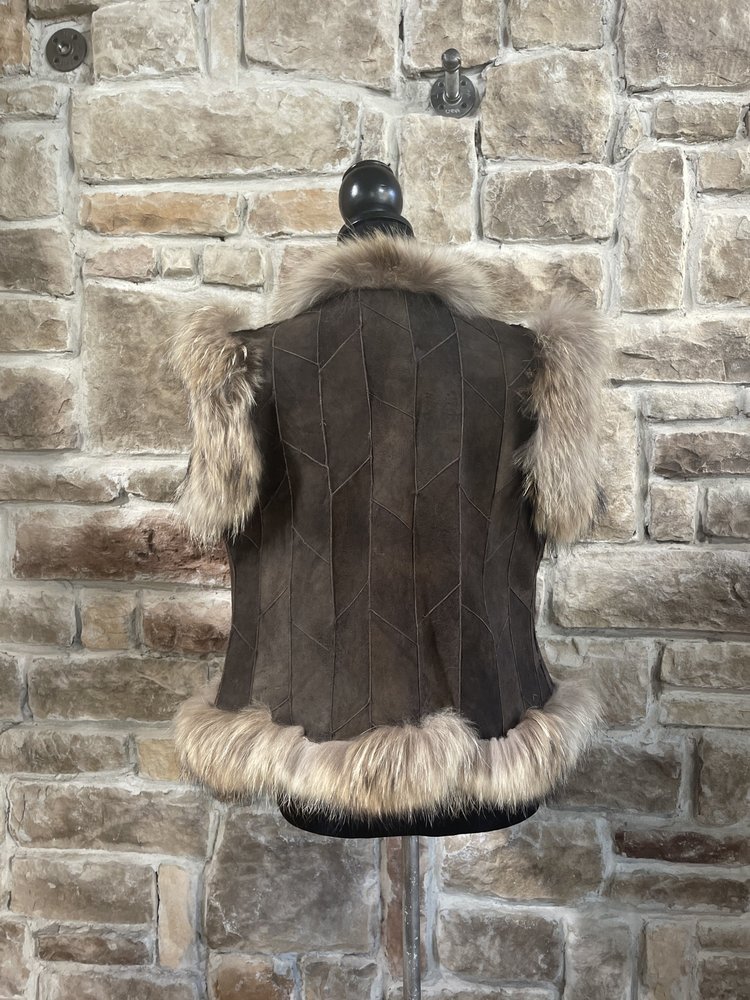 Brown Suede Vest with Rabbit Lining and Finn Raccoon Trim, Size S