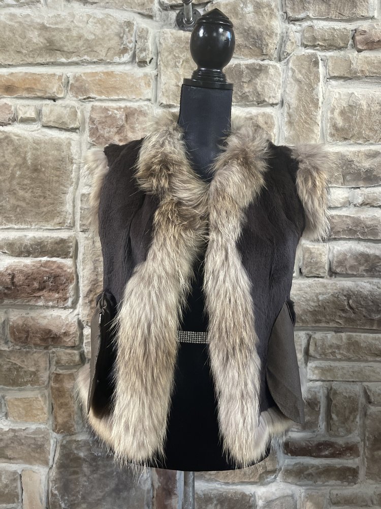 Brown Suede Vest with Rabbit Lining and Finn Raccoon Trim, Size S