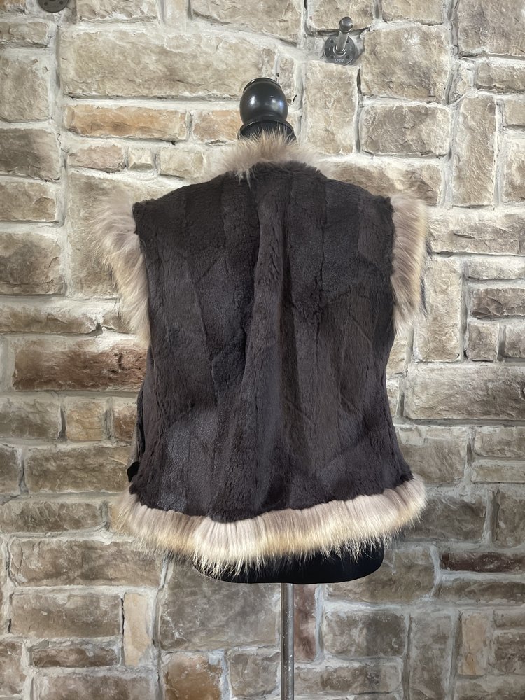 Brown Suede Vest with Rabbit Lining and Finn Raccoon Trim, Size S