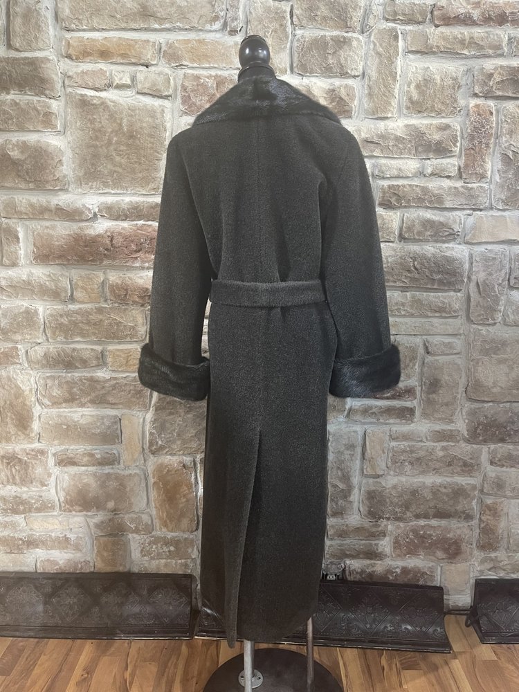 Louis Dell 'Olio Dark Forest Green Wool Coat with Mink Trim, Size 10