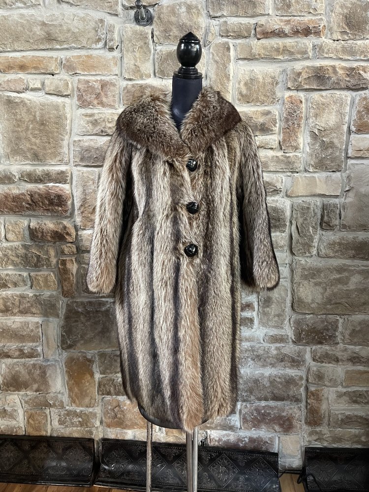 Schlampps North  American Raccoon Coat with Leather Buttons, Size M