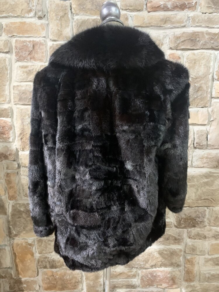 Made in Greece Black Mink Sections Stroller with Fox Lapel Collar, Size L