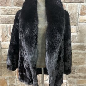 Made in Greece Black Mink Sections Stroller with Fox Lapel Collar, Size L