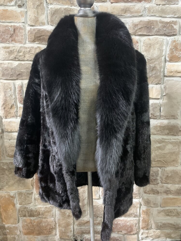 Made in Greece Black Mink Sections Stroller with Fox Lapel Collar, Size L