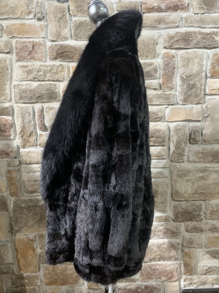 Made in Greece Black Mink Sections Stroller with Fox Lapel Collar, Size L