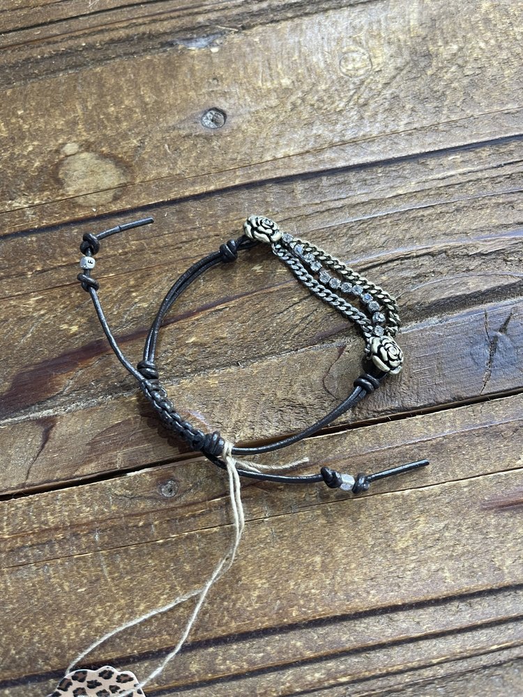 Black Leather Cord with 3 Chain Rosebud Bracelet