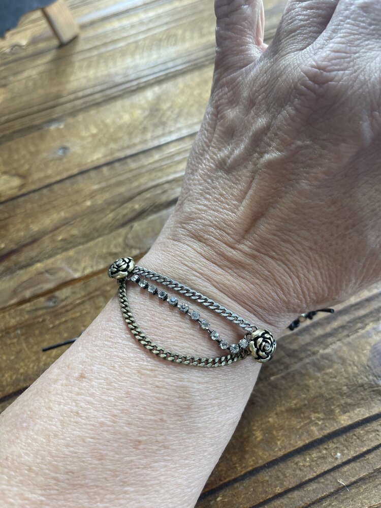 Black Leather Cord with 3 Chain Rosebud Bracelet