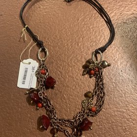 Red Bead Copper Chain Leather String Necklace