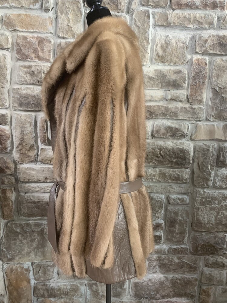 Ranch Mink with Leather Coat With Belt, Size M