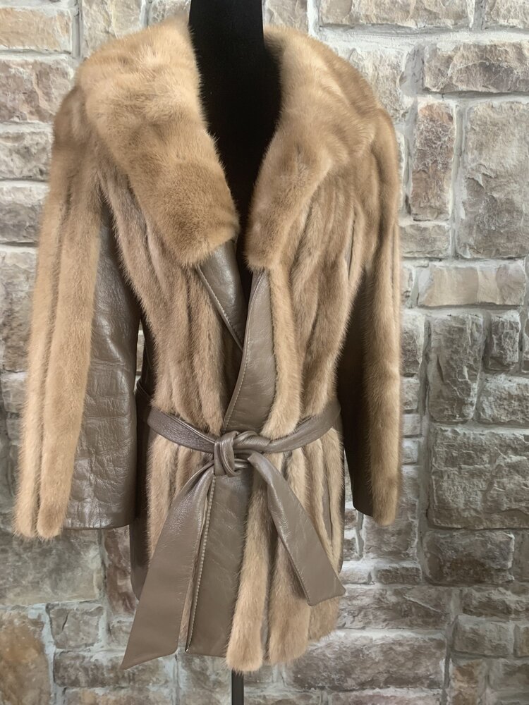 Ranch Mink with Leather Coat With Belt, Size M