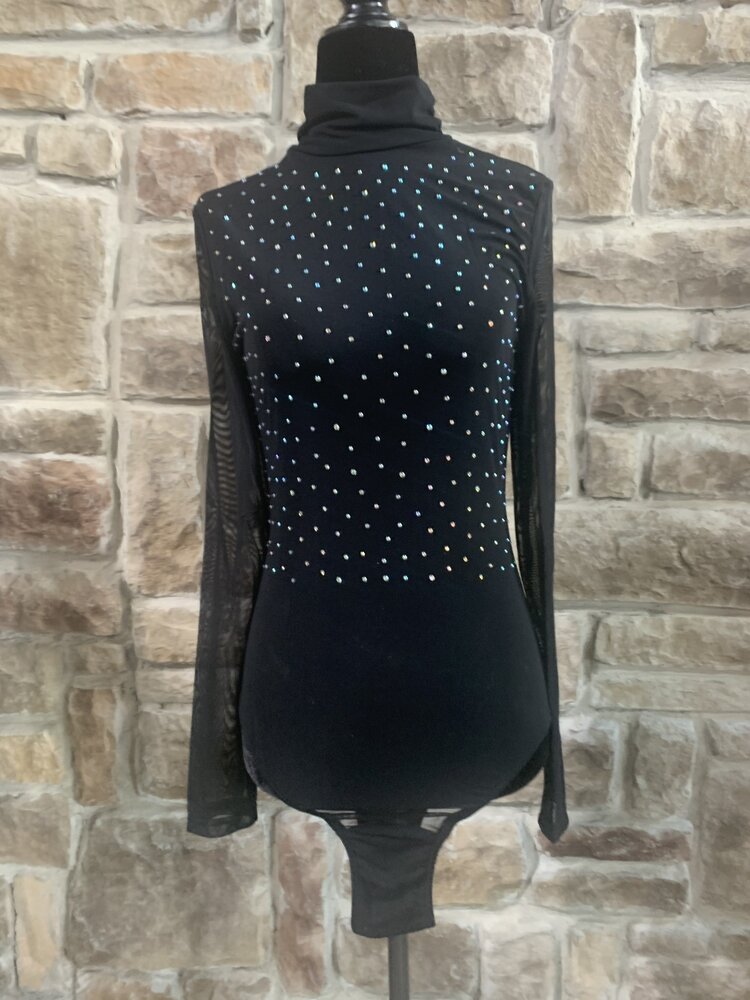 Hearts Rob Black Mesh Bodysuit with Rhinestones, Size L