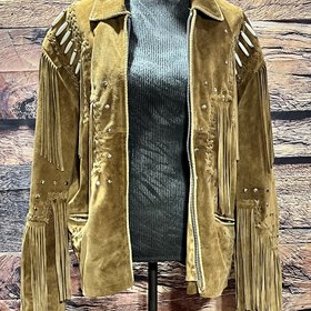 Leather Gallery Suede Leather Jacket with Fringe and Bone Beading, Women's L