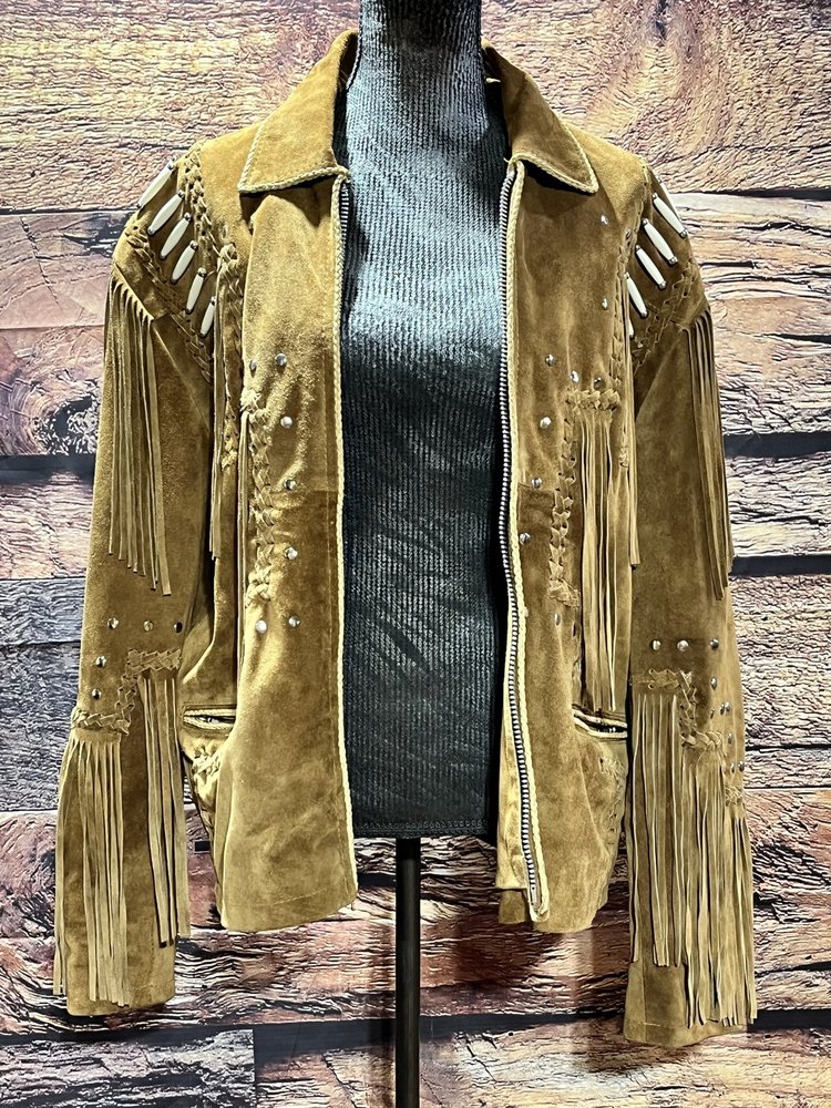 Leather Gallery Suede Leather Jacket with Fringe and Bone Beading, Women's L