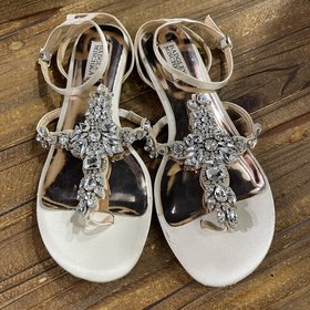 Badgley Mischka Ivory Jeweled T-Strap Sandals, Size 8.5