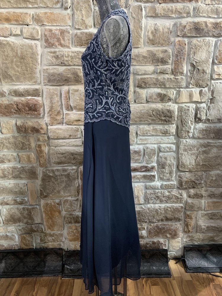 Jkara Navy Blue Long Dress with Beaded Top, Size 6