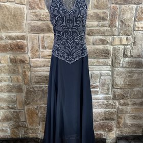 Jkara Navy Blue Long Dress with Beaded Top, Size 6