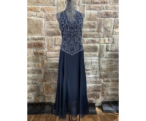 Navy Blue Long Dress with Beaded Top, Size 6 - Elements Unleashed