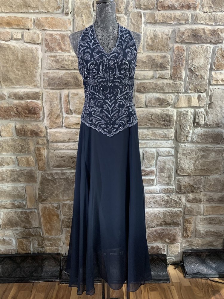 Jkara Navy Blue Long Dress with Beaded Top, Size 6