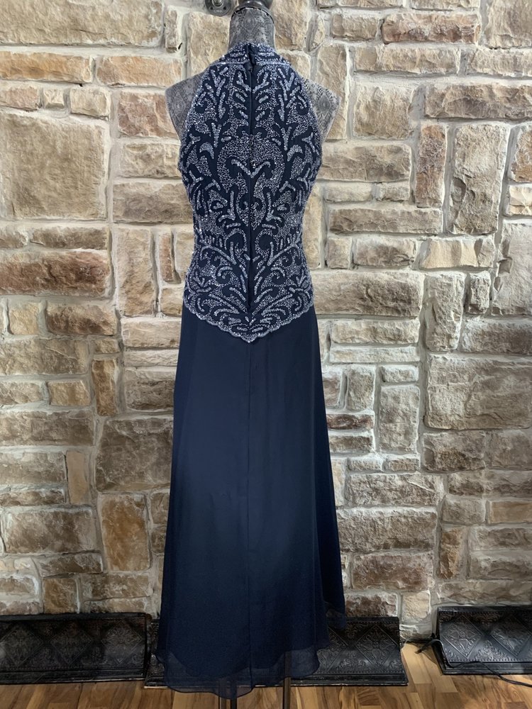 Jkara Navy Blue Long Dress with Beaded Top, Size 6