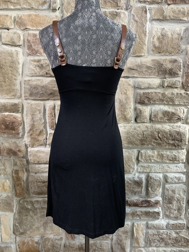 Caché Black Cotton Dress with Leather Straps, Size XS