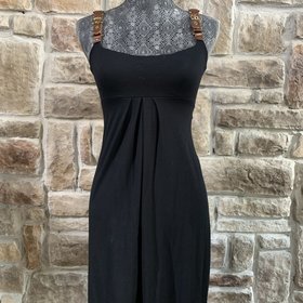 Caché Black Cotton Dress with Leather Straps, Size XS