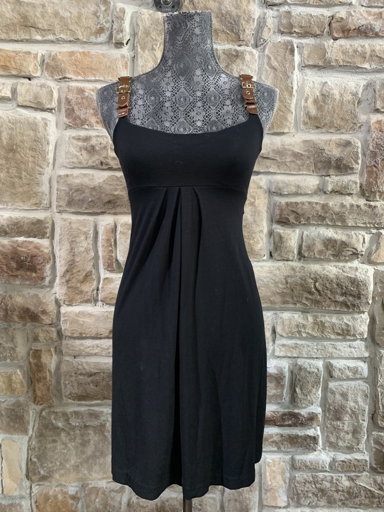 Caché Black Cotton Dress with Leather Straps, Size XS