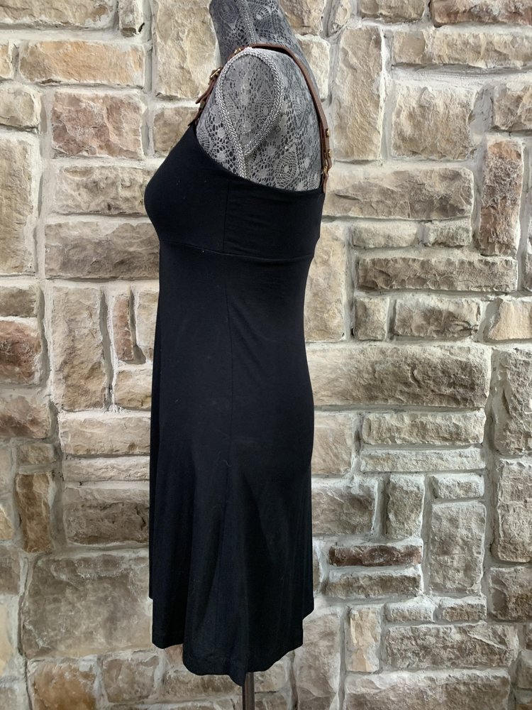 Caché Black Cotton Dress with Leather Straps, Size XS