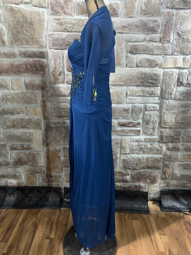 Adrianna Papell Blue Long Gown with Large Rhinestone at Waist and Jacket, Size 6
