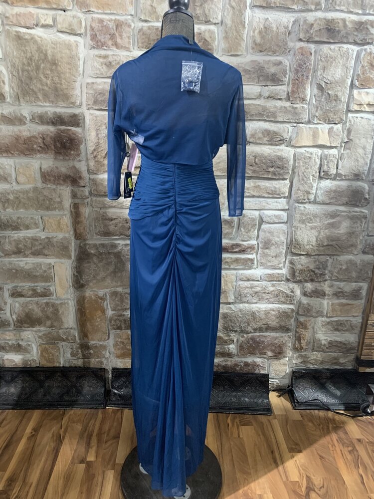 Adrianna Papell Blue Long Gown with Large Rhinestone at Waist and Jacket, Size 6