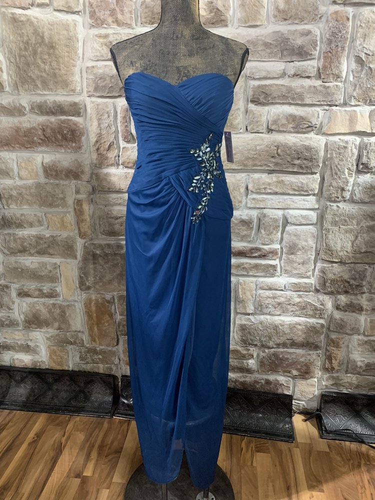 Adrianna Papell Blue Long Gown with Large Rhinestone at Waist and Jacket, Size 6