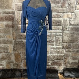 Adrianna Papell Blue Long Gown with Large Rhinestone at Waist and Jacket, Size 6
