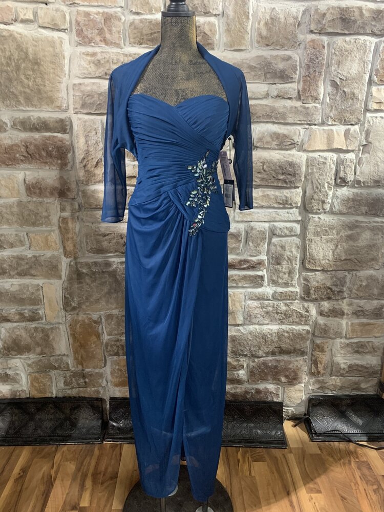 Adrianna Papell Blue Long Gown with Large Rhinestone at Waist and Jacket, Size 6