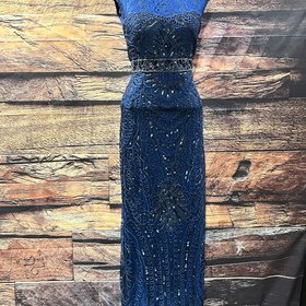 Sue Wong Long Lacy Navy Blue Beaded dress, Size 8