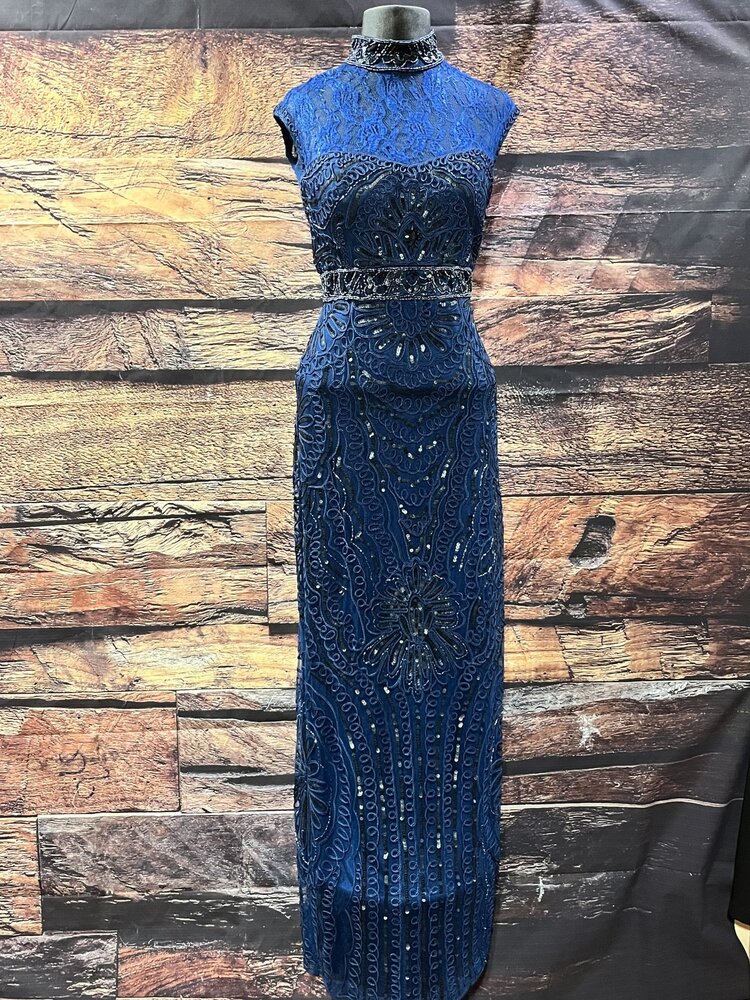 Sue Wong Long Lacy Navy Blue Beaded dress, Size 8
