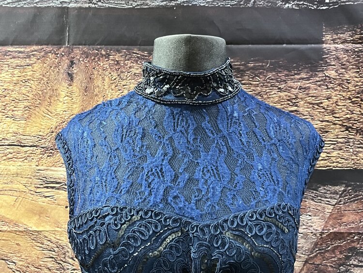 Sue Wong Long Lacy Navy Blue Beaded dress, Size 8