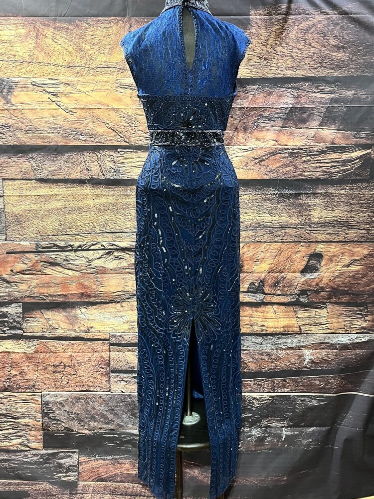 Sue Wong Long Lacy Navy Blue Beaded dress, Size 8