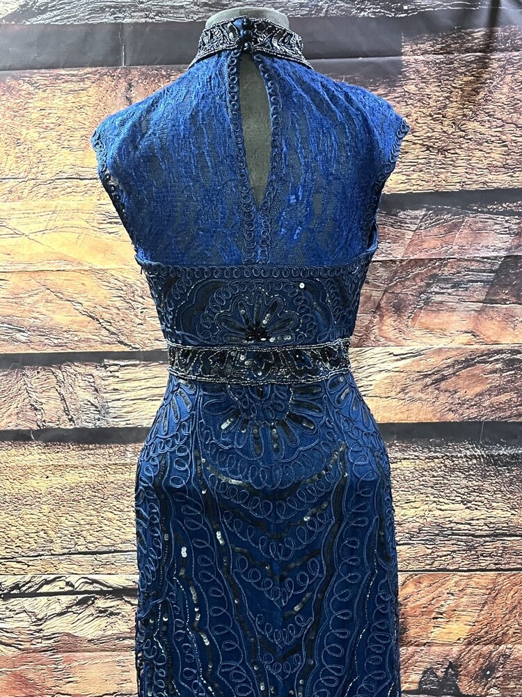 Sue Wong Long Lacy Navy Blue Beaded dress, Size 8