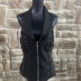Lydia USA Black Lace-Up Halter Top w/Collar, Cross Back