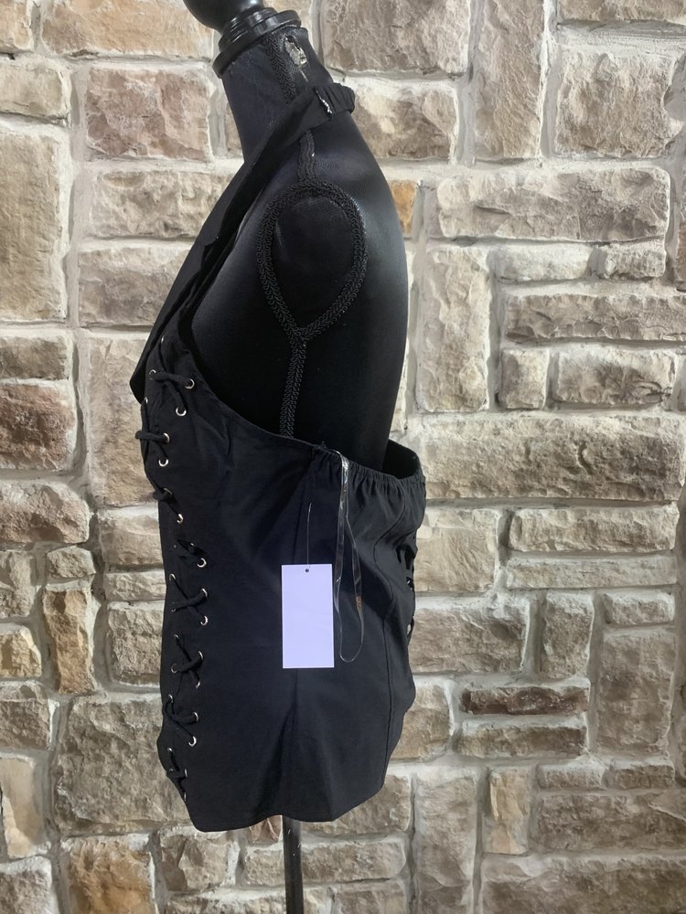 Lydia USA Black Lace-Up Halter Top w/Collar, Cross Back