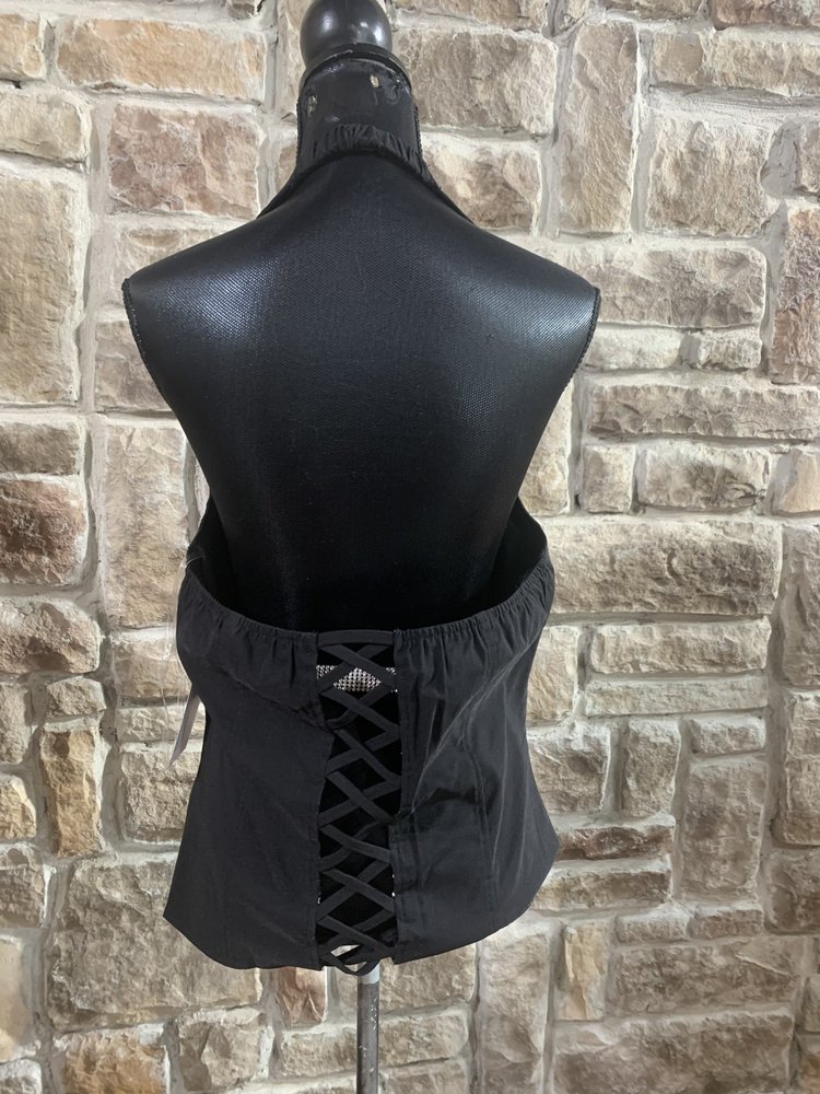 Lydia USA Black Lace-Up Halter Top w/Collar, Cross Back