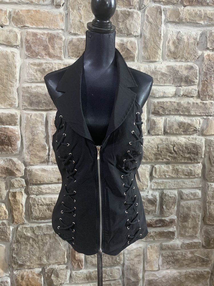 Lydia USA Black Lace-Up Halter Top w/Collar, Cross Back