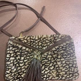 Sheared Mink Patterned Purse with Fringe Zipper Pull