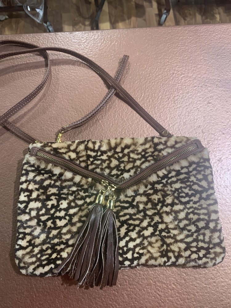 Sheared Mink Patterned Purse with Fringe Zipper Pull