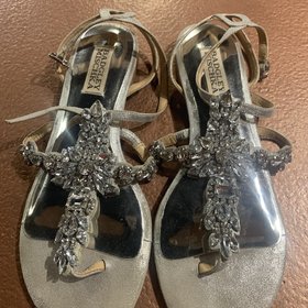 Badgley Mischka Silver Flat Rhinestone Sandals, Size 7